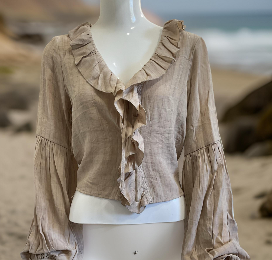 Taupe frill sleeve top/blouse